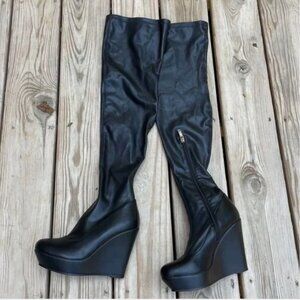 NWOT- AZALEA WANG Black Thigh High Wedge Boots Size 7.5